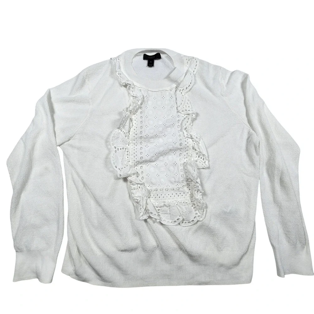 J. Crew‎ White Cotton Sweater Medium Eyelet Ruffle Trim Long Sleeve Top $120
